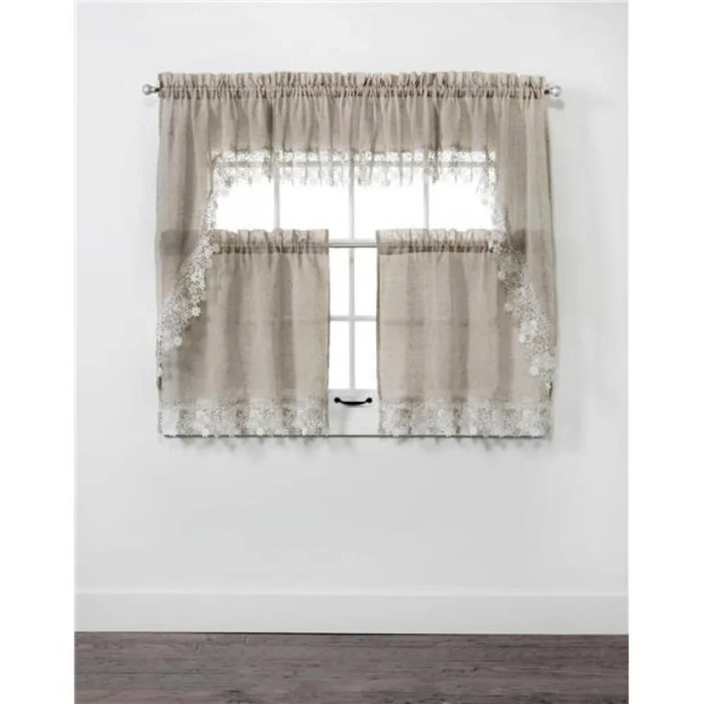 Lillian Linen Window Swag Curtains Set Macrame Trim Lace Rod Pocket 56x38
